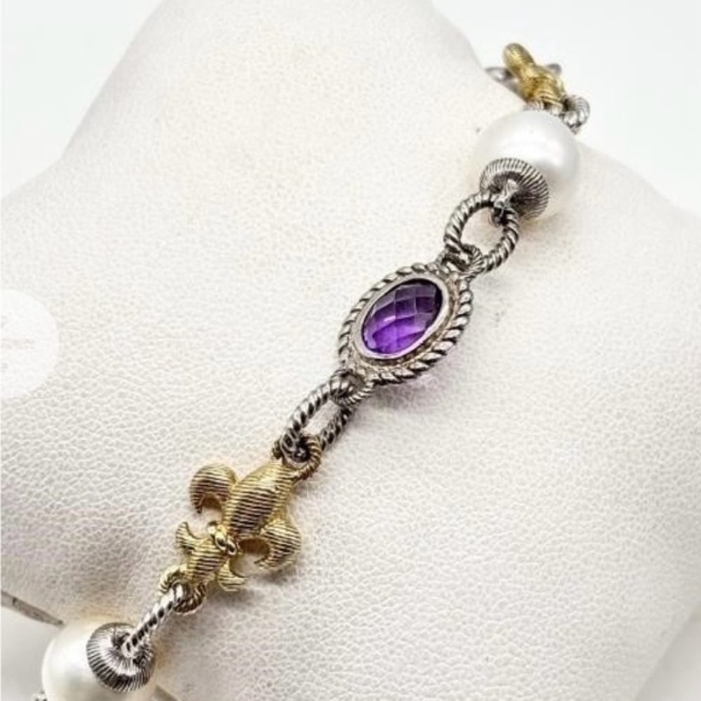 Judith Ripka Sterling Silver Amethyst, CZ & Pearl Fleur-de-Lis Bracelet
